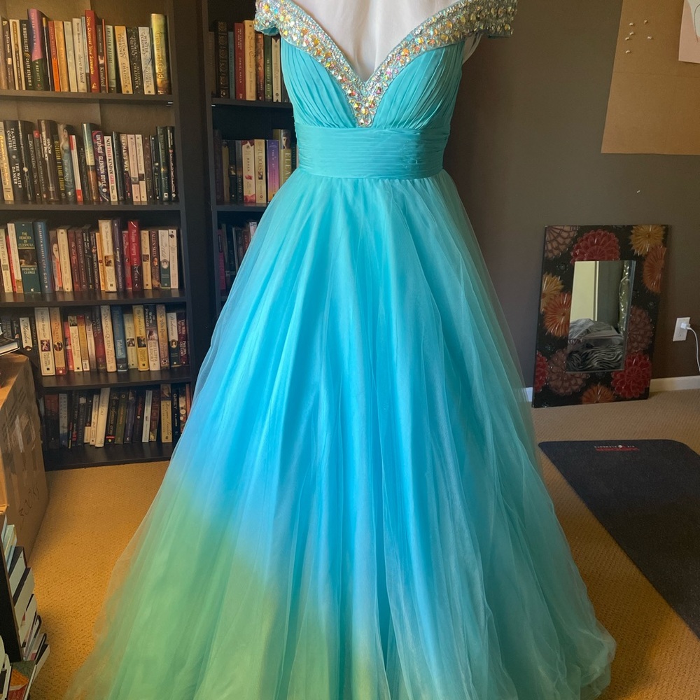 Aqua off-the-shoulder ball gown by Mac Duggal